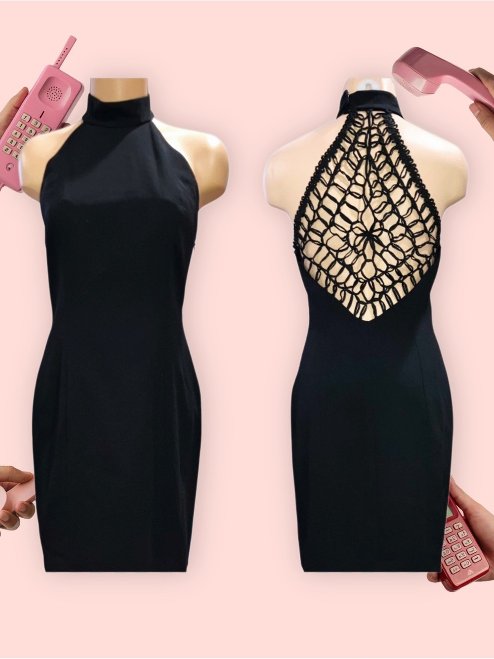 Vintage 90s Laundry by Shelli Segal Black Crochet High Neck Halter Dress Sz 6 - Picture 10 of 10